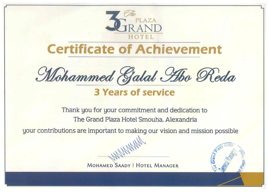 3 Years Service at The Grand Plaza Hotel Smouha