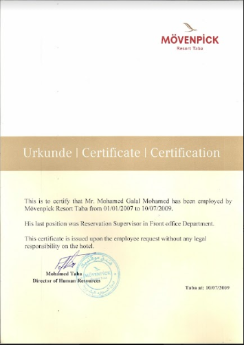 Movenpick Resort Taba - Service Certificate 