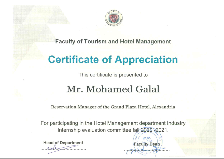 Thanks Certificate from Faculty of Tourism & Hotels' Management 