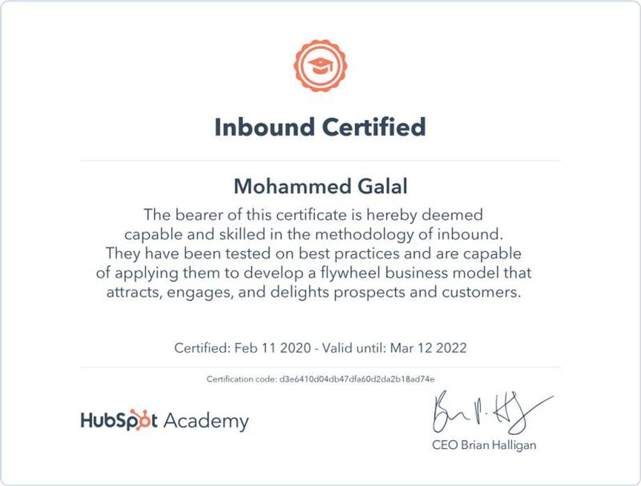 Mohammed Galal is Inbound Certified by HubSpot Academy